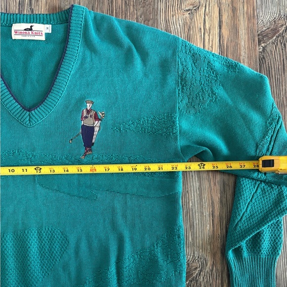Vtg Winona Knits Embossed Golf Sweater M Teal V-Neck Pullover Embroidered Preppy - Picture 7 of 12